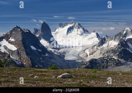 Howser Towers, ghiacciaio di Vowell. Bugaboo Provincial Park Purcell Mountains, British Columbia. Foto Stock