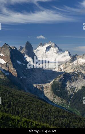 Howser Towers, ghiacciaio di Vowell. Bugaboo Provincial Park Purcell Mountains, British Columbia. Foto Stock