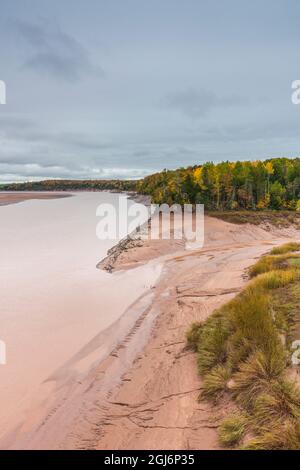 Canada, Nuova Scozia, querce verdi. Fundy Tidal Interpretive Area, vista elevata della baia enorme di maree Fundy sul fiume Shubenacadie. Foto Stock