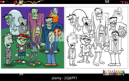 Illustrazione di cartoni animati di fantasia zombie o Halloween caratteri gruppo colorare pagina libro Illustrazione Vettoriale