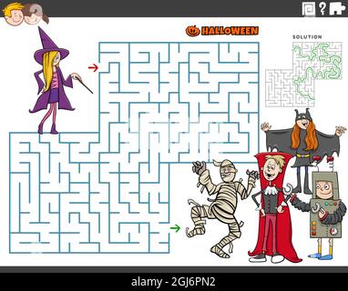 Illustrazione di cartoon di gioco di puzzle di labirinto educativo con i bambini sul tempo di Halloween Illustrazione Vettoriale