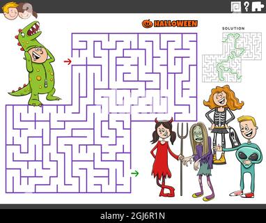 Illustrazione di cartoon di gioco di puzzle di labirinto educativo con i bambini al partito di Halloween Illustrazione Vettoriale