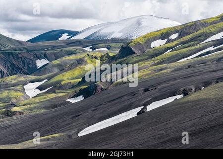 Islanda, riserva naturale di Fjallabak, Landmannalaugar. Le montagne profondamente erose sono ricoperte di muschio verde brillante. Foto Stock