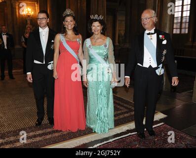 STOCCOLMA 20110908 : il Principe Daniele, la Principessa Vittoria, la Regina Silvia e il Re Carl Gustaf di Svezia hanno ospitato un banchetto al Palazzo reale di Stoccolma l'8 settembre 2011. Foto: Anders Wiklund / SCANPIX / Kod 10040 Foto Stock