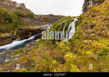 Europa, Islanda. Vista delle cascate di Gjain in una valle tranquilla e panoramica degli altopiani meridionali. Foto Stock