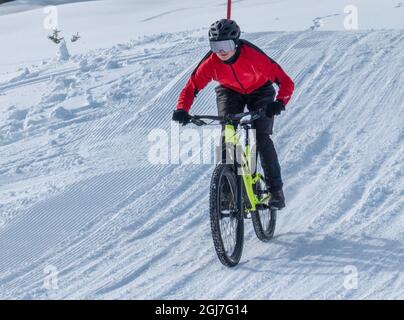 SALISBURGO, AUSTRIA - 15 feb 2020: Una persona in una gara ciclistica nel nevoso parco invernale Postalm, in Austria Foto Stock