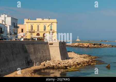 Italia, Puglia, Provincia di Lecce, Gallipoli. 04 giugno 2019. Mura della città vecchia sul mare Ionio. Isola Sant'Andrea Faro sullo sfondo. (Edito Foto Stock