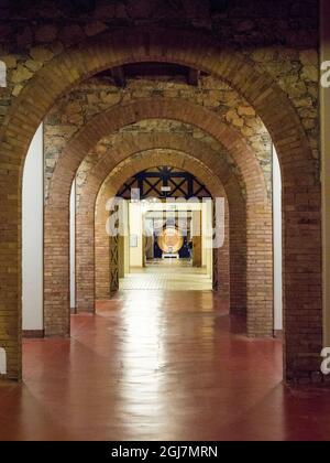 Italia, Toscana. Camera barile al Castello Banfi, azienda vinicola a conduzione familiare situata a Montalcino, in provincia di Siena. Foto Stock