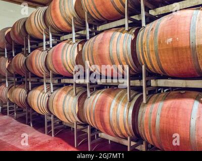 Italia, Toscana. Camera in botte al Castello Banfi, azienda vinicola a conduzione familiare situata a Montalcino, in provincia di Siena. Foto Stock