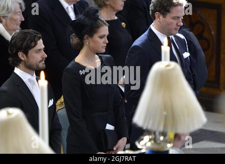 STOCCOLMA 2013-03-16 il principe Carl Philip, la principessa Madeleine e Chris o'Neill al funerale della principessa Lilian di HRH tenuto nella Cappella reale al Palazzo reale di Stoccolma sabato 16 marzo 2013. Foto Anders Wiklund / SCANPIX / Kod 10040 Foto Stock