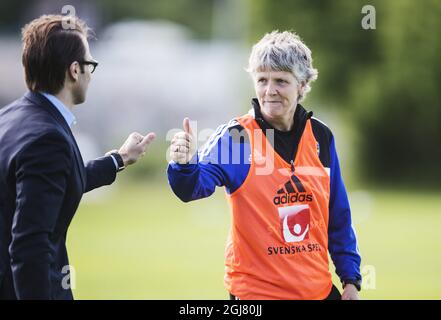 STOCCOLMA 2013-06-15 il principe Daniel parla al capo allenatore Pia Sundhage quando visita il campo di allenamento per la nazionale svedese di calcio femminile al campo di Boson fuori Stoccolma, Svezia, 15 giugno 2013. A partire da luglio la squadra svedese giocherà in Svezia l'EFA Women's EURO 2013. Foto: Nils Petter Nilsson / XP / SCANPIX / Kod 7111 ** OUT AFTONBLADET ** Foto Stock