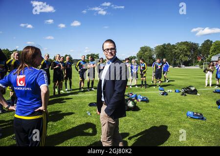 STOCCOLMA 2013-06-15 il principe Daniel visita il campo di allenamento per la squadra nazionale svedese di calcio femminile al campo di Boson fuori Stoccolma, Svezia, 15 giugno 2013. A partire da luglio la squadra svedese giocherà in Svezia l'EFA Women's EURO 2013. Foto: Nils Petter Nilsson / XP / SCANPIX / Kod 7111 ** OUT AFTONBLADET ** Foto Stock