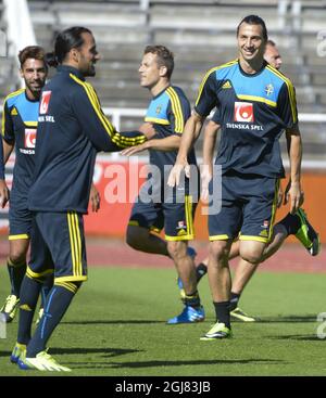 STOCCOLMA 20130904 Zlatan Ibrahimovic durante una sessione di formazione con la nazionale svedese 4 settembre 2013. Venerdì la Svezia giocherà in Irlanda in una partita di qualificazione della Coppa del mondo. Foto Bertil Enevag Ericson SCANPIX kod 10000 Foto Stock