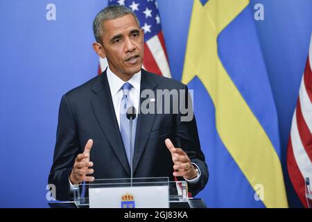 STOCCOLMA 20130904 il Presidente degli Stati Uniti Barack Obama durante la conferenza stampa presso gli uffici governativi di Stoccolma, Svezia, 4 settembre 2013. Il presidente Obama è in Svezia per i colloqui bilaterali prima di un vertice del G20 in Russia. Foto Jonas Ekstromer / SCANPIX kod 10030 Foto Stock