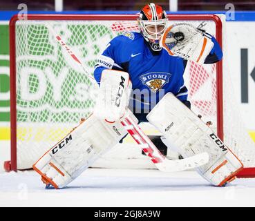 MALMO 2013-12-27 il portiere finlandese Juuse Saros durante la partita preliminare di hockey su ghiaccio del World Junior Championship tra Finlandia e Norvegia alla Malmo Arena di Malmo, Svezia, il 27 dicembre 2013. Foto: Andreas Hillergren / TT / code10600 Foto Stock