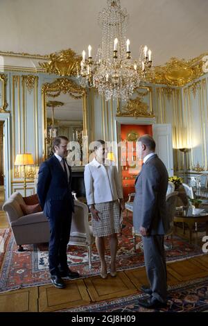 STOCCOLMA 20140520 la Principessa Vittoria e il Principe Daniele sono visti insieme al Sindaco di Amburgo, OLAF Scholz, durante un'udienza al Palazzo reale di Stoccolma, Svezia, 20 maggio 2014. Foto: Janerik Henriksson / TT / Kod 10010 Foto Stock
