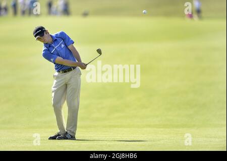 Eddie Pepperell in azione in Inghilterra durante la terza giornata dei Nordea Masters al PGA of Sweden National Golf Club fuori Malmo, Svezia, sabato 31 maggio 2014. Foto Stock