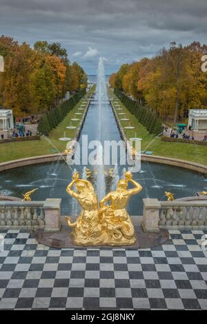 Russia, San Pietroburgo. Samson Fountains al Palazzo Peterhof. Foto Stock