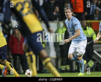 MALMO 2014-11-04 giocatore di MFF Markus Halsti durante la UEFA Champions League Group Una partita di calcio Malmo FF vs Atletico Madrid al nuovo stadio di Malmo, Svezia, 4 novembre 2014. Foto: Andreas Hillergren / TT ** SVEZIA FUORI ** Foto Stock