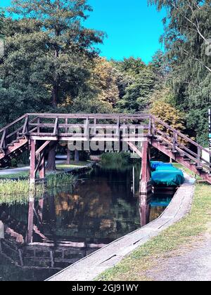 Colpo verticale di ponte di legno sul canale tra alberi alti Foto Stock