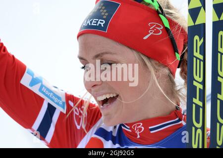 Il norvegese Therese Johaug festeggia la vittoria dopo aver superato il traguardo dell'evento di partenza di massa femminile di 30 km al FIS Nordic Ski World Championships di Falun, Svezia, il 28 febbraio 2015. Foto: Fredrik Sandberg / TT / code 10080 Foto Stock