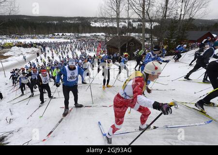 L'inizio della gara di sci di fondo a lunga distanza Vasloppet a Salen, Svezia, domenica 8 marzo 2015. La gara Vasalopp è lunga 90 km e corre tra Salen e Mora in Svezia. Foto Ulf Palm / TT / Kod 9110 Foto Stock