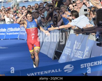 STOCCOLMA 2015-08-22 Javier Gomez Noya di Spagna vince la distanza olimpica maschile del 2015 ITU World Triathlon a Stoccolma, Svezia, 23 agosto 2018. Foto: Jonas Ekstromer / TT / Kod 10080 ** SVEZIA FUORI ** Foto Stock