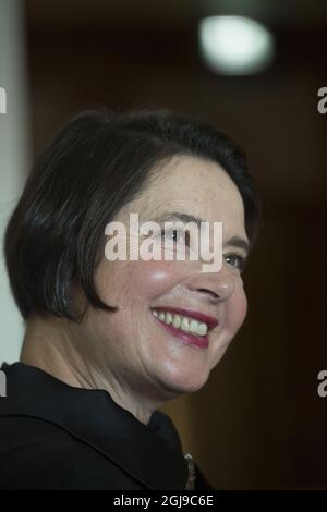 STOCCOLMA 2015-08-24 : Isabella Rossellini viene visto durante una conferenza stampa a Stoccolma, Svezia, 24 agosto 2015. Isabella Rossellini è in visita a Stoccolma insieme a quattro fratelli per la prima della movieÂ “i am Ingrid” in occasione del 100° anniversario della nascita della compiuta attrice svedese Ingrid Bergman. Foto: Maja Suslin / TT / Kod 10300 Foto Stock