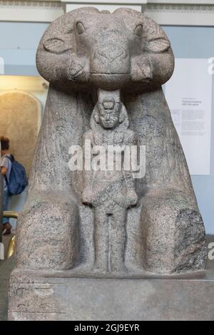 Antica statua di granito di Amun sotto forma di un ariete che protegge il re Taharqa dal terzo periodo intermedio dell'Egitto 1069-664 AC. Foto Stock