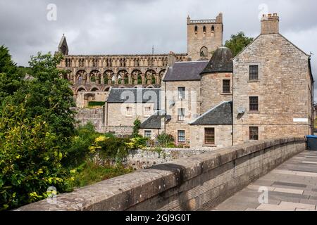 Costruita nel 1138 da re David i, Jedburgh Abbey era un simbolo di potere e influenza. Foto Stock