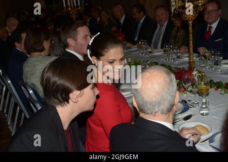 STOCCOLMA 2015-11-05 la Principessa Vittoria della Corona parla al Presidente della Tunisia, Beji CaÃ¯d Essebs, durante un pranzo al Municipio di Stoccolma, Svezia, 5 novembre 2015. Il Presidente tunisino è in visita di Stato in Svezia. Foto: Maja Suslin / TT Kod 10300 Foto Stock
