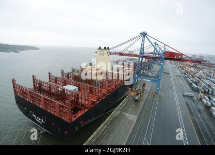 GOTHENBURG 2015-12-22 la nave container MSC Maya è vista nel porto di Gothenburg, Svezia, 22 dicembre 2015. La nave lunga 395 metri è in viaggio da nubile. Ha una larghezza di 59 metri e può trasportare 9 contenitori di 224 20 piedi. Foto: Adam IHSE / TT / Kod 9200 Foto Stock