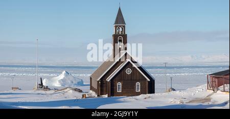 Chiesa di Zions, un punto di riferimento di Ilulissat. Inverno a Ilulissat sulla riva della baia di Disko. Groenlandia, Danimarca. (Solo per uso editoriale) Foto Stock