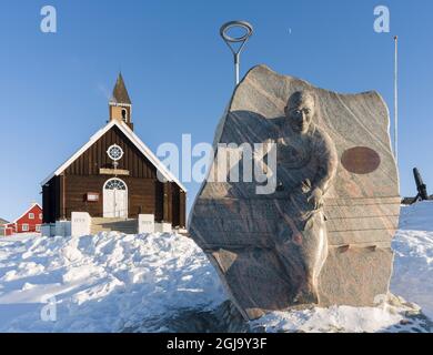 Chiesa di Zions, un punto di riferimento di Ilulissat. Inverno a Ilulissat sulla riva della baia di Disko. Groenlandia, Danimarca. (Solo per uso editoriale) Foto Stock