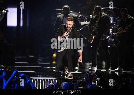 STOCCOLMA 2016-05-14 l'artista ospite Justin Timberlake si esibiva durante la finale del Concorso Eurovision Song alla Ericsson Globe Arena di Stoccolma, Svezia, 14 maggio 2016. Foto: Maja Suslin / TT / Kod 10300 ** SVEZIA FUORI ** Foto Stock