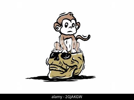 Disegno con testa del cranio e piccola scimmia Illustrazione Vettoriale
