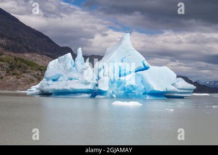 Situato all'interno del Parc Nacional Torres del Paine, questo lago ospita numerosi ghiacciai e ghiacciai. Foto Stock