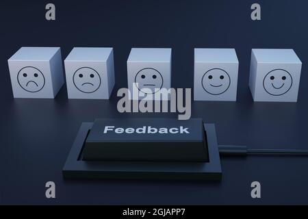 Emoji di feedback e pulsante 3D rendering sfondo. Feedback moderno che dà sfondo sezione Foto Stock