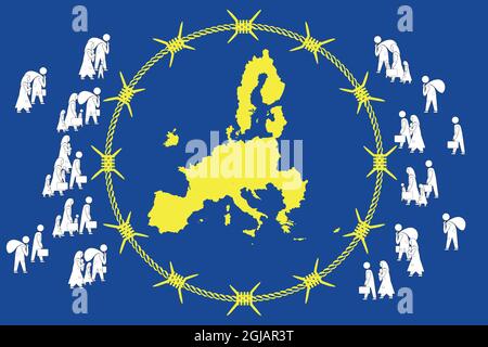 I rifugiati disperati sono scappati dalla guerra alla migrazione in Europa. Diritto umano e concetto di immigrazione. Illustrazione vettoriale Illustrazione Vettoriale