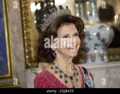 STOCCOLMA 20180117 la regina svedese Silvia posa per una foto prima di un banchetto al palazzo reale di Stoccolma. La coppia presidenziale si trova in Svezia per una visita statale di tre giorni. Foto: Christine Olsson / TT / code 10430 Foto Stock