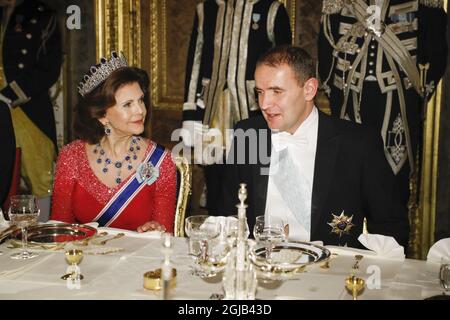 STOCCOLMA 20180117 la regina svedese Silvia e il presidente islandese GuÃ°ni JÃ³hannesson durante un banchetto al palazzo reale di Stoccolma. La coppia presidenziale si trova in Svezia per una visita statale di tre giorni. Foto: Christine Olsson / TT / code 10430 Foto Stock