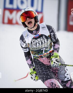 Tina Weirather del Liechtenstein reagisce dopo la sua gara alla finale della Coppa del mondo FIS Downhill in are, Svezia, il 14 marzo 2018. Foto: Anders Wiklund / TT 10040 Foto Stock