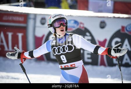 Michelle Gisin, Svizzera, reagisce dopo la gara finale femminile Super G alla FIS Alpine Ski World Cup di are, Svezia, il 15 marzo 2018. Poto: Anders Wiklund / TT 10040 Foto Stock