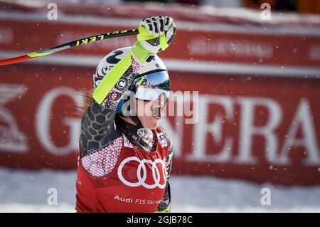 Tina Weirather, Liechtenstein, reagisce dopo la gara finale femminile della Super G alla FIS Alpine Ski World Cup di are, Svezia, il 15 marzo 2018. Poto: Anders Wiklund / TT 10040 Foto Stock