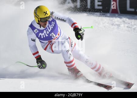 Hannes Reichelt d'Austria reagisce dopo la gara maschile della Super G finale alla FIS Alpine Ski World Cup di are, Svezia, il 15 marzo 2018. Poto: Anders Wiklund / TT 10040 Foto Stock