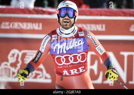 Kjetil Jansrud di Norvegia reagisce dopo la gara maschile della Super G finale alla FIS Alpine Ski World Cup di are, Svezia, il 15 marzo 2018. Poto: Anders Wiklund / TT 10040 Foto Stock