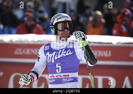 Thomas Dressen della Germania reagisce dopo la gara maschile Super G finale alla FIS Alpine Ski World Cup di are, Svezia, il 15 marzo 2018. Poto: Anders Wiklund / TT 10040 Foto Stock