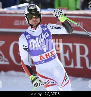 CORREZIONE CORREGGENDO NAMEN DELLO SCIATORE Hannes Reichelt, Austria, reagisce dopo la gara maschile Super G finale alla FIS Alpine Ski World Cup di are, Svezia, il 15 marzo 2018. Poto: Anders Wiklund / TT 10040 Foto Stock