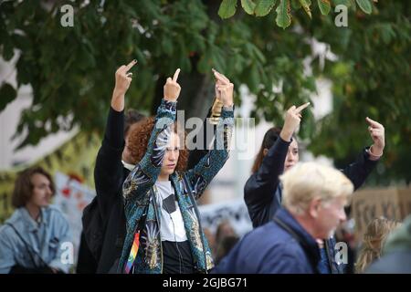 GOTHENBURG 2018-08-28 Jimmie Akesson, presidente dei Democratici svedesi, parla nel corso di una riunione aperta a Gothenburg, Svezia, il 28 agosto 2018. I manifestanti hanno fatto una triade per interrompere il suo discorso. La Svezia va alle urne in occasione delle elezioni generali del 9 settembre 2018. Foto: Adam IHSE / TT Kod 9200 Foto Stock