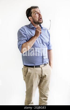 STOCCOLMA 2018-08-18 Jimmie Akesson, Presidente dei Democratici svedesi durante un'intervista prima delle elezioni generali del 9 settembre 2018. Foto: Anna-Karin Nilsson / EXP / TT / kod 7141 ** FUORI SVEZIA ** Foto Stock